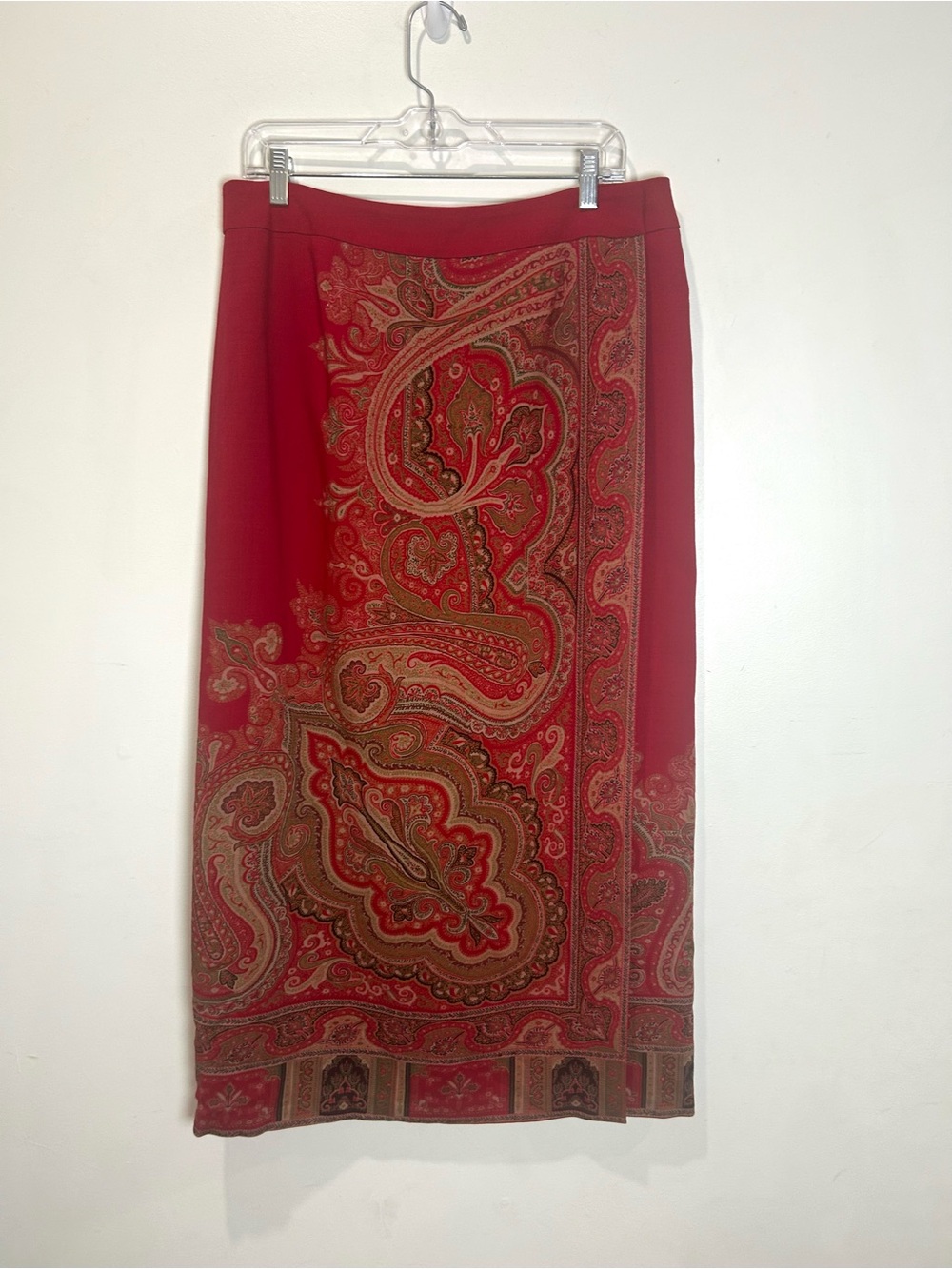 Vtg Talbots Wrap Skirt Womens 14 Midi Red Paisley 100% Wool Scarf Print Boho - Picture 13 of 14